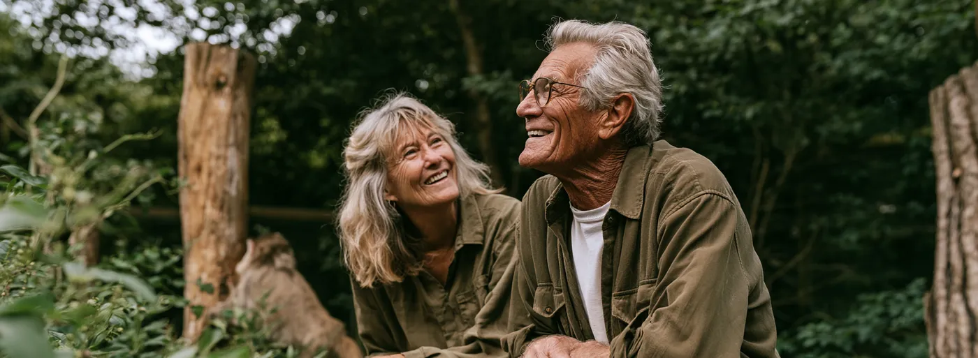 Un couple de visiteurs seniors marche côte à côte dans une allée du Parc Animalier d’Auvergne.